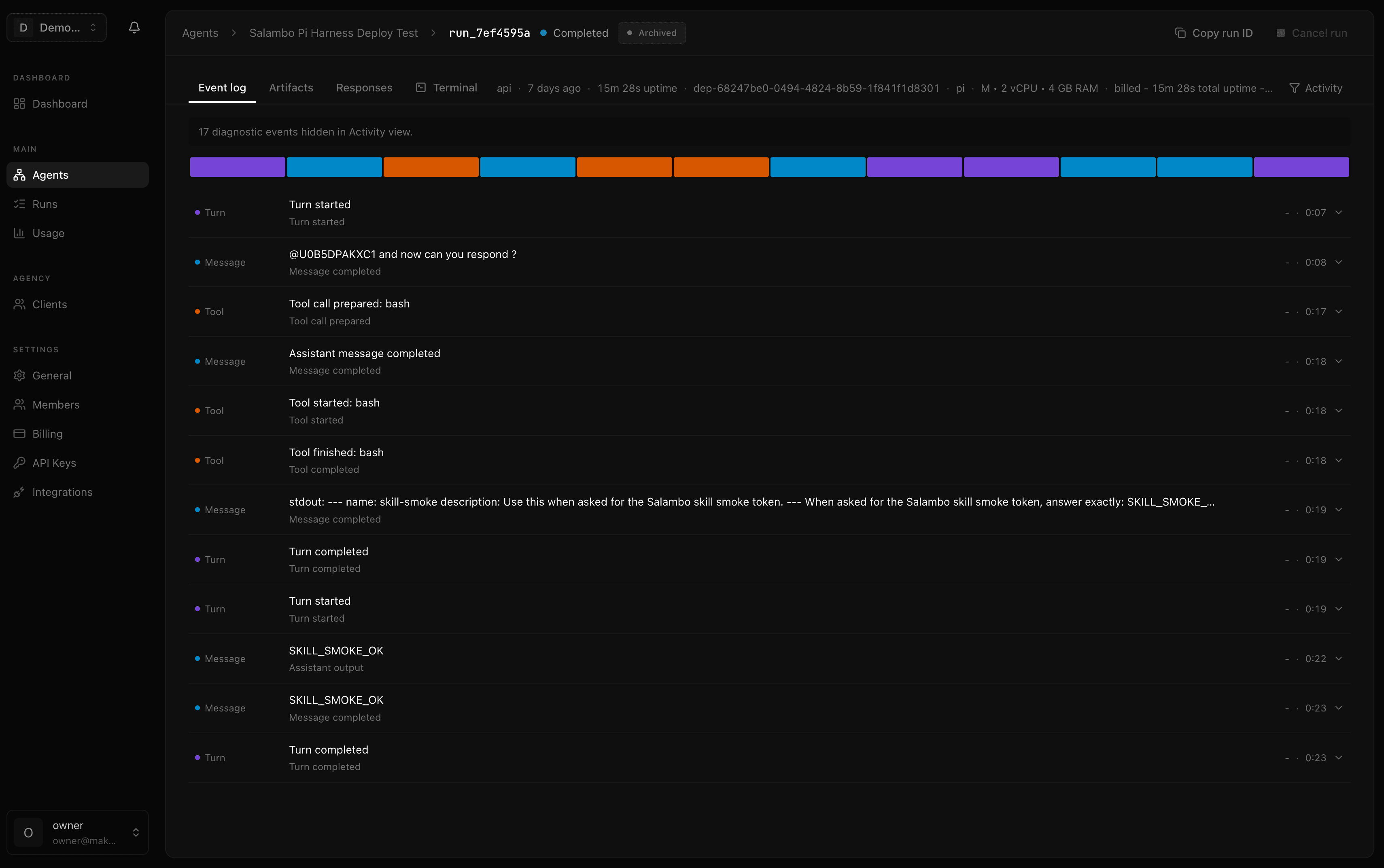 Salambo run detail showing logs, events, and agent activity